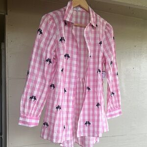 Crown & Ivy - Pink Checkered Shirt with Embroidered Flamingos